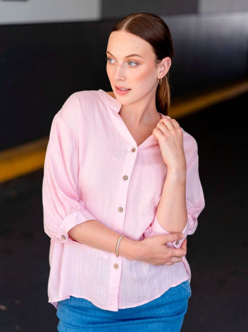Bishop Sleeve Top with Button Detail Pink