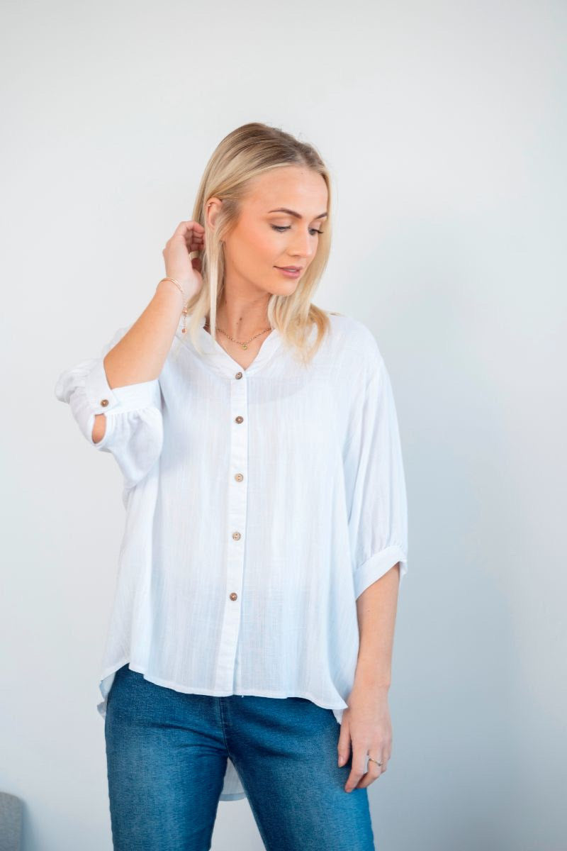 Bishop Sleeve Top with Button Detail White