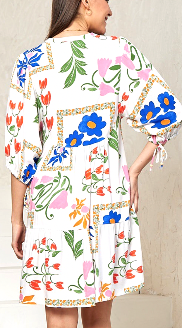 Emelyn Smock Dress In White With Bright Flowers