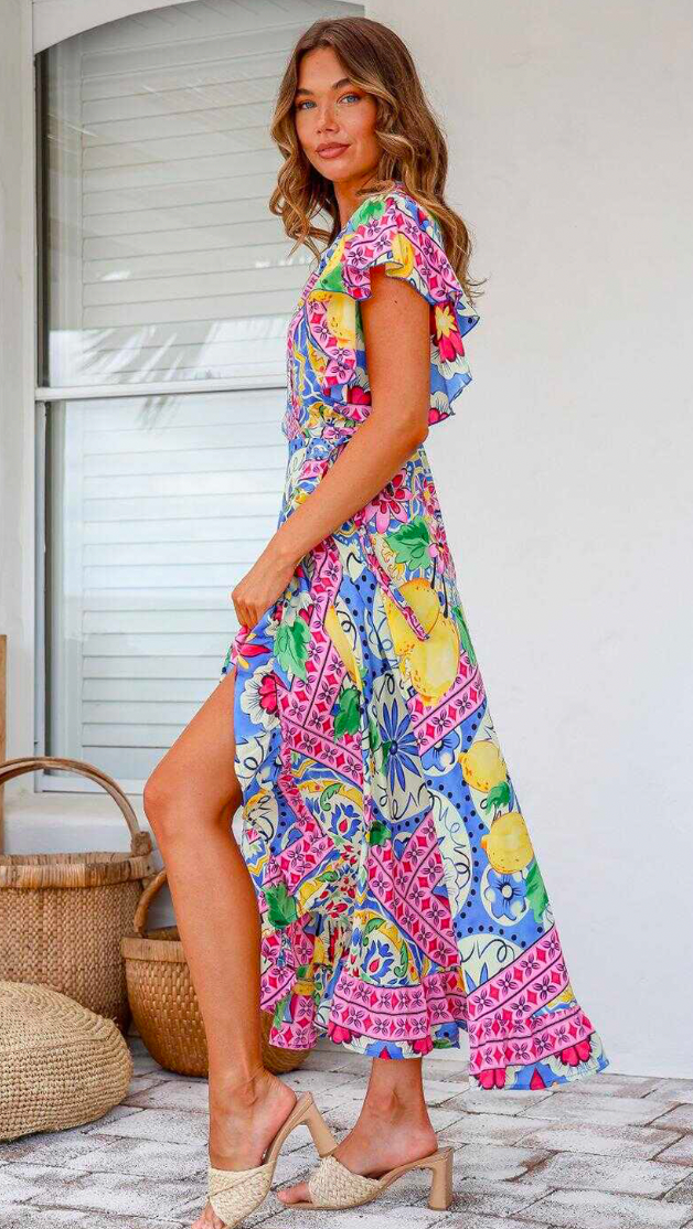 Ava Wrap Dress Lemon Print