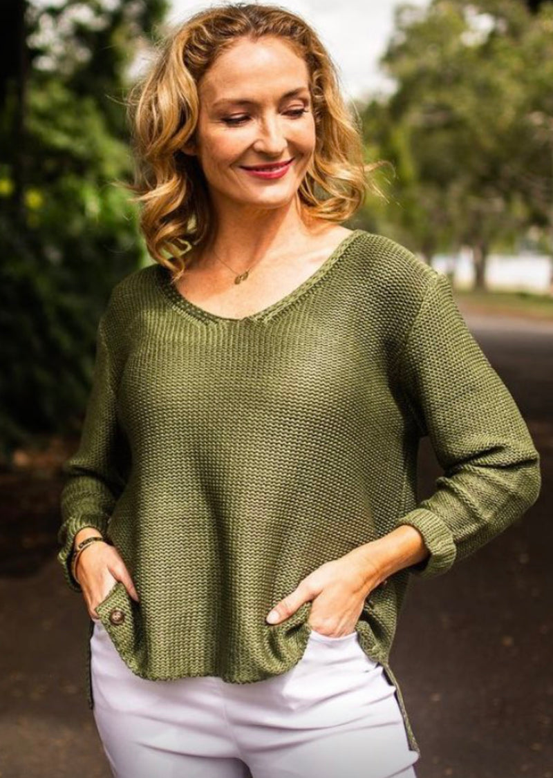 Willow Tree Knit Jumper with button detail - Olive