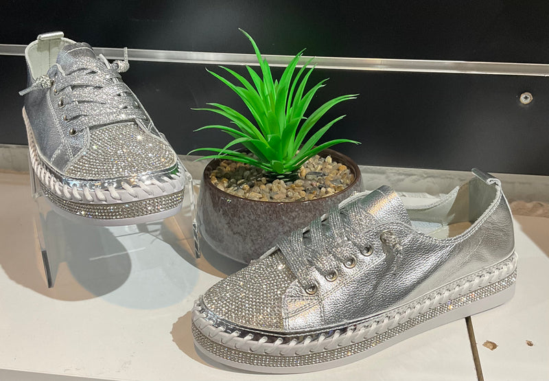 Leather Silver Diamanté Sneakers