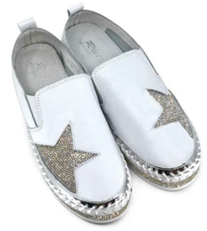White leather sparkle star slip on joggers