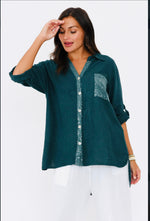 La Strada Teal Linen Sequin Pocket Shirt