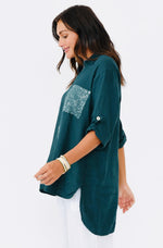 La Strada Teal Linen Sequin Pocket Shirt